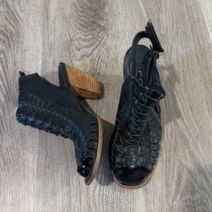 Paul Green Black Woven Heeled Sandals with Open Back size 8